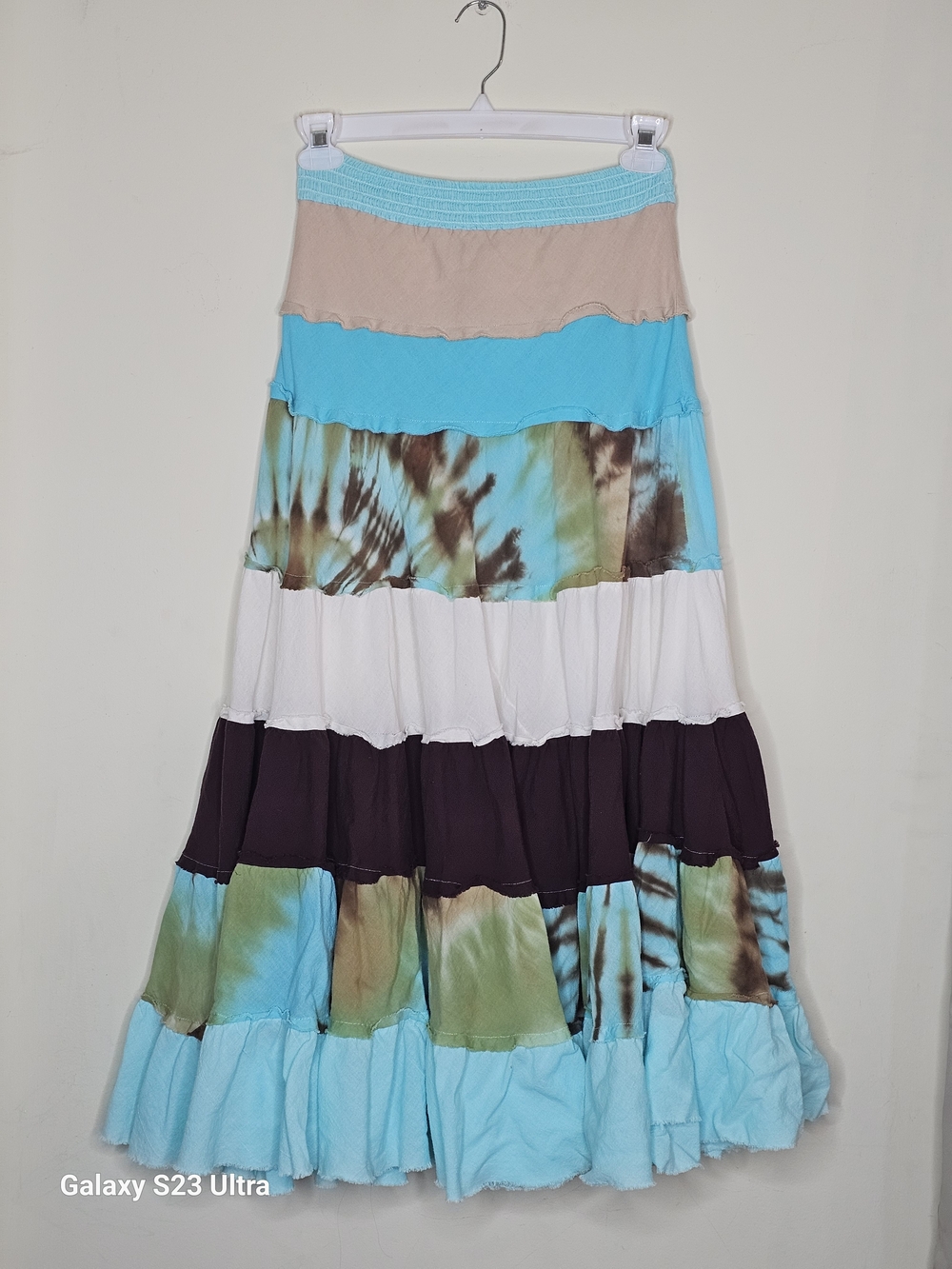 Boston Proper Multi-Tier Tie-Dye Maxi Skirt in Aqua, Brown, White and Tan S